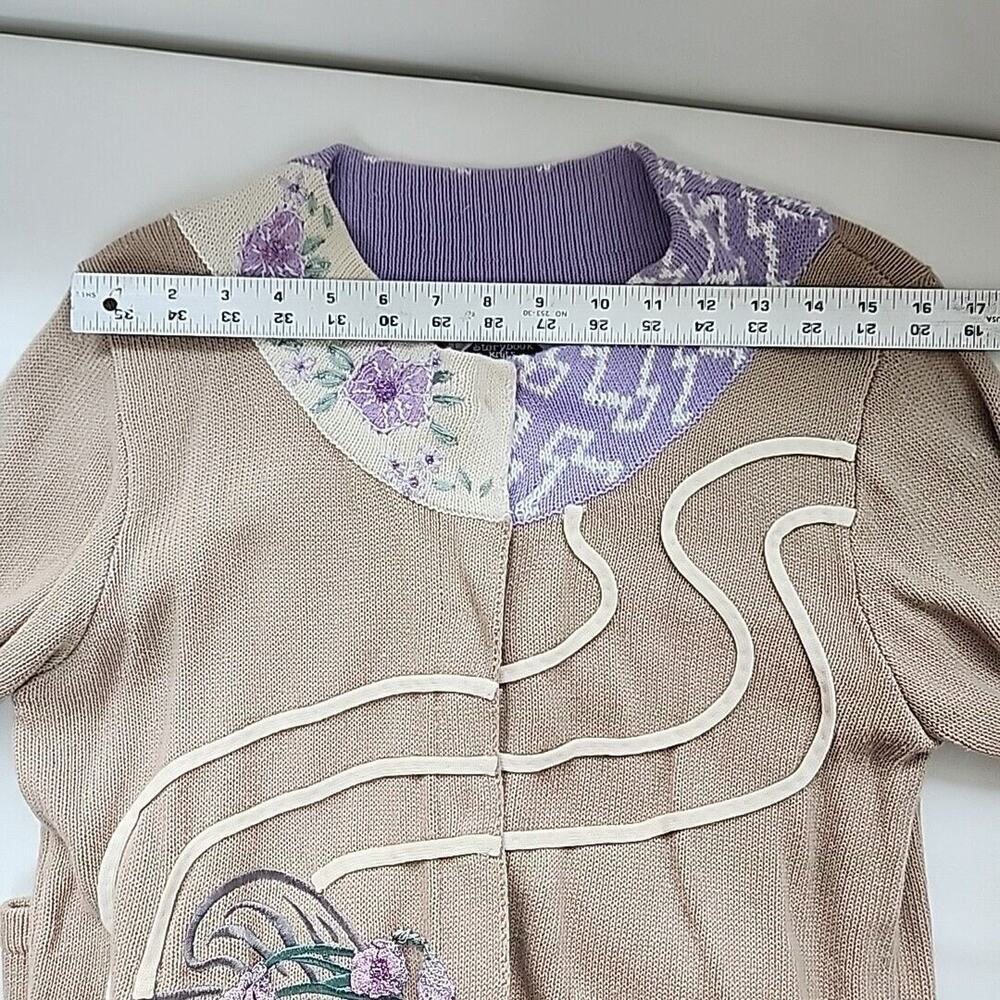 Storybook Knits M Asian Inspired Cardigan Purple Tan Geisha Fan Grandmacore - Picture 9 of 12